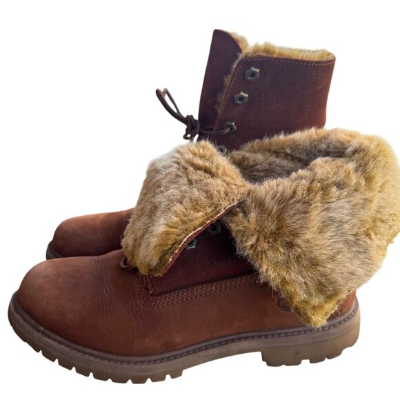 Timberland Women’s  Sz 7.5D Brown Boots Suede Leather Lace Up W/ Fur Cuff - Picture 6 of 12